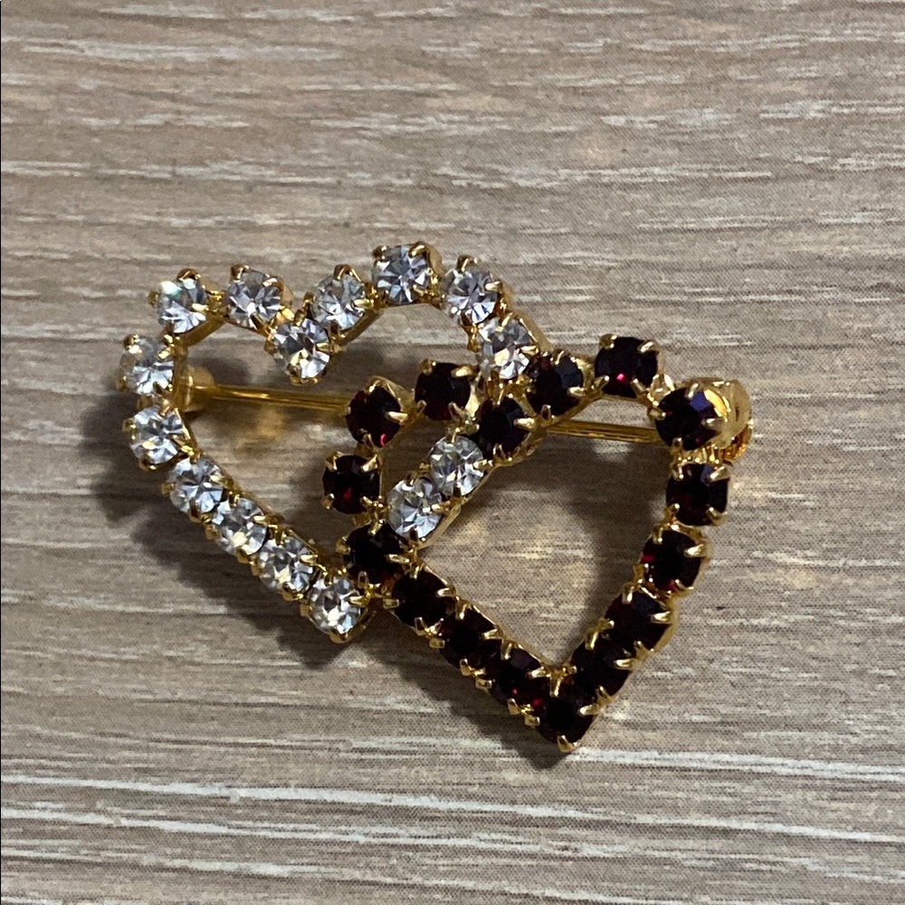 Vintage Gold and Red Bejewelled Heart-Shaped Brooch